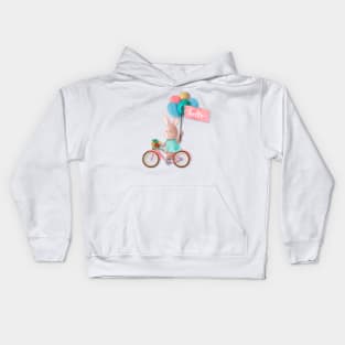 Bunny on Bike with Balloons and Hello Banner Kids Hoodie